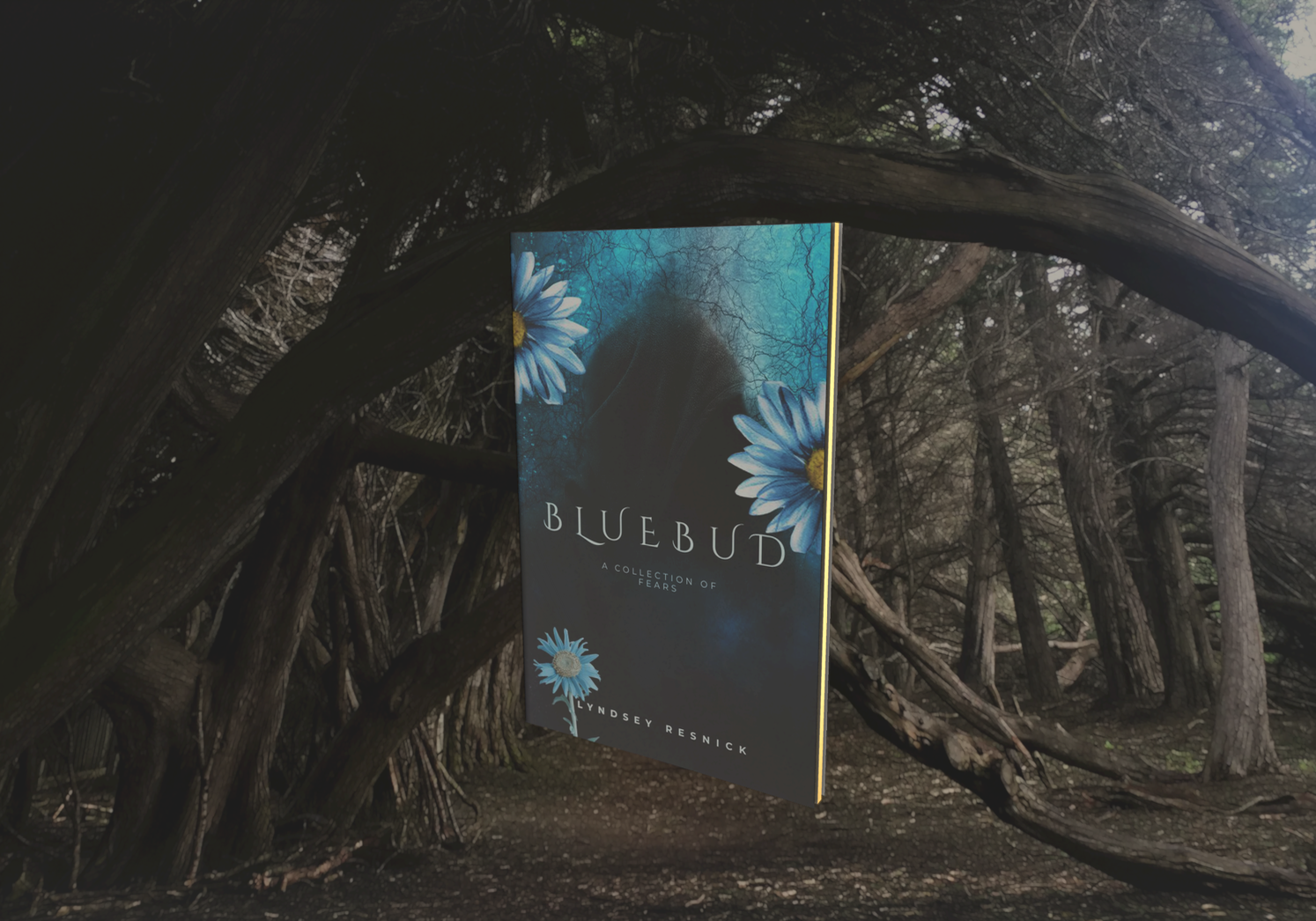 Book titled 'Bluebud' with floral design on a dark background