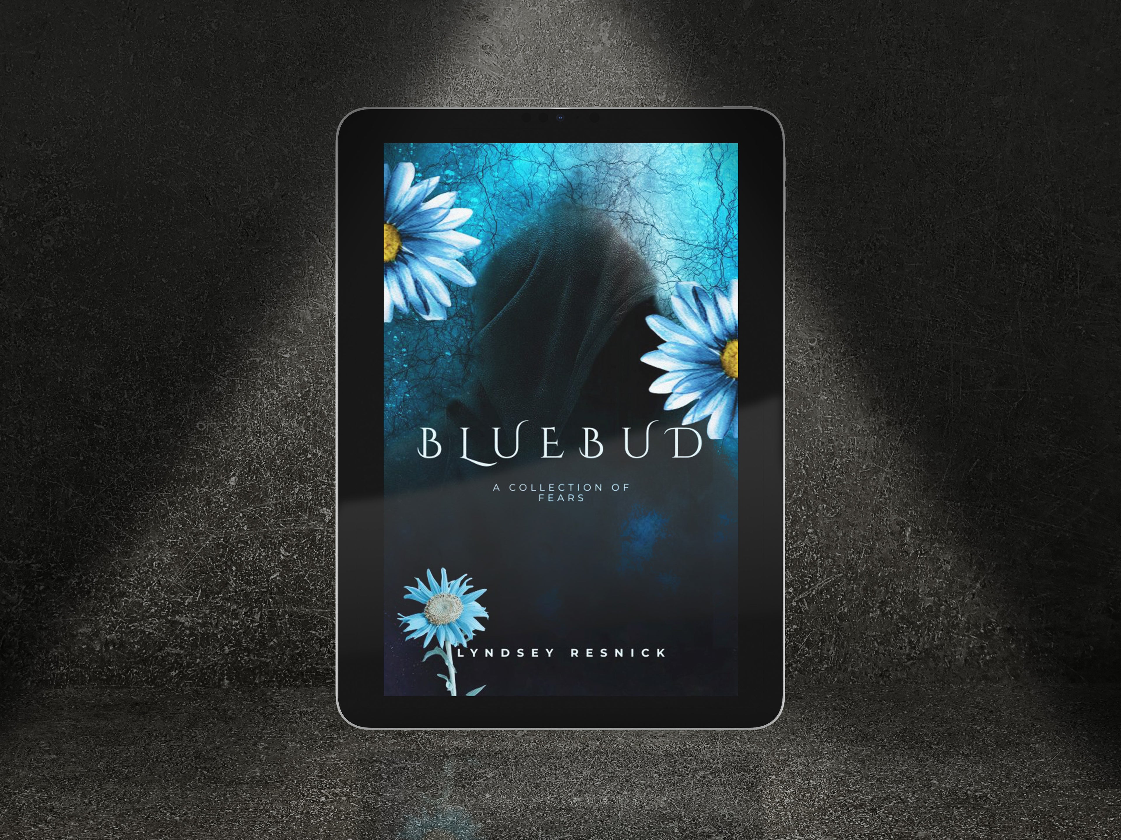 E-reader displaying the cover of 'Bluebud' with floral design on a dark background