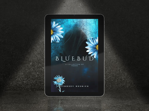 E-reader displaying the cover of 'Bluebud' with floral design on a dark background