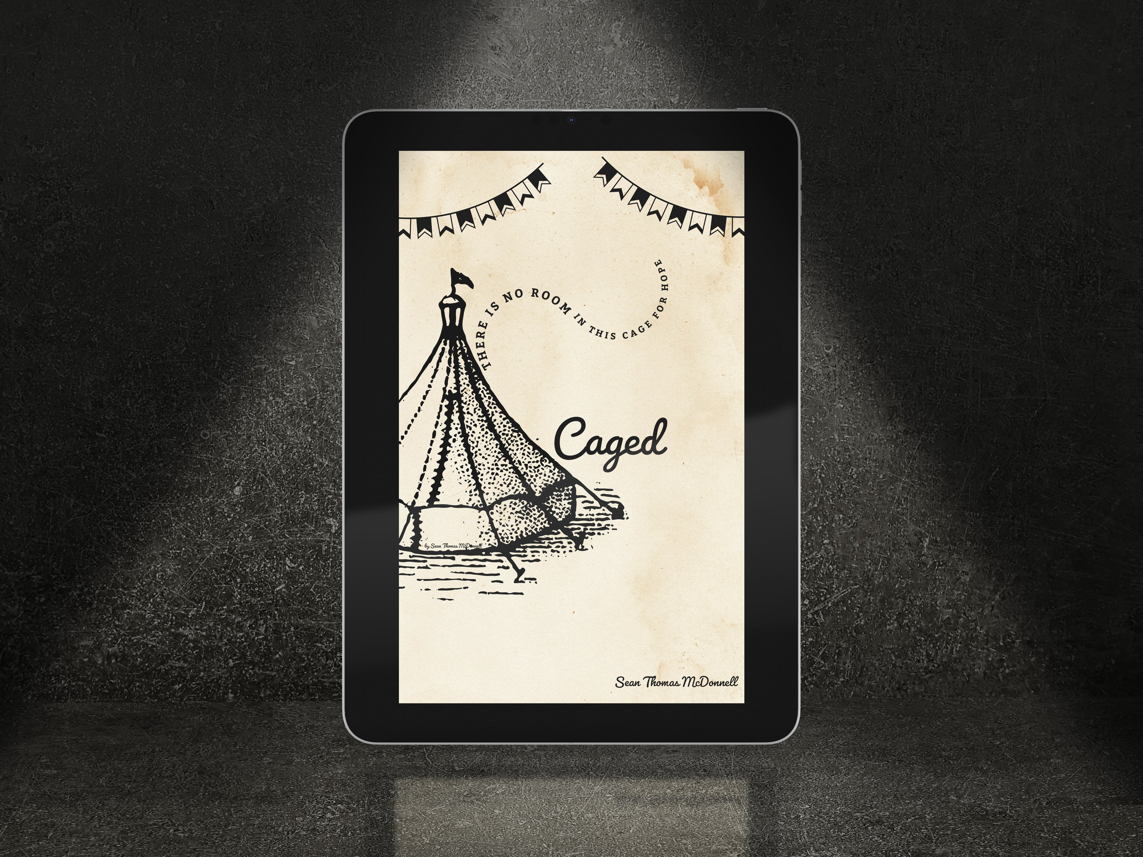 Digital tablet displaying a vintage-style illustration on a dark textured background