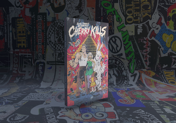 Book titled 'Cherry Kills' on a colorful collage background