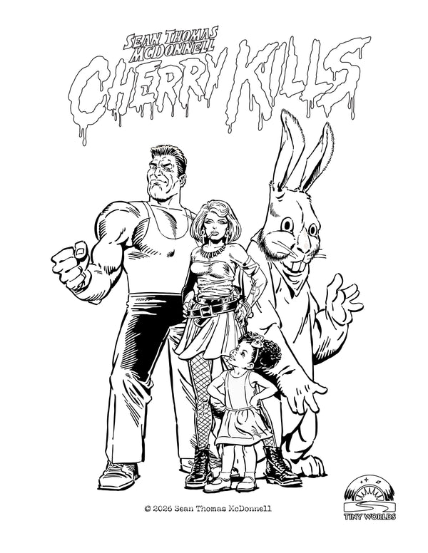 Cartoon characters with text 'Cherry Kills' on a white background