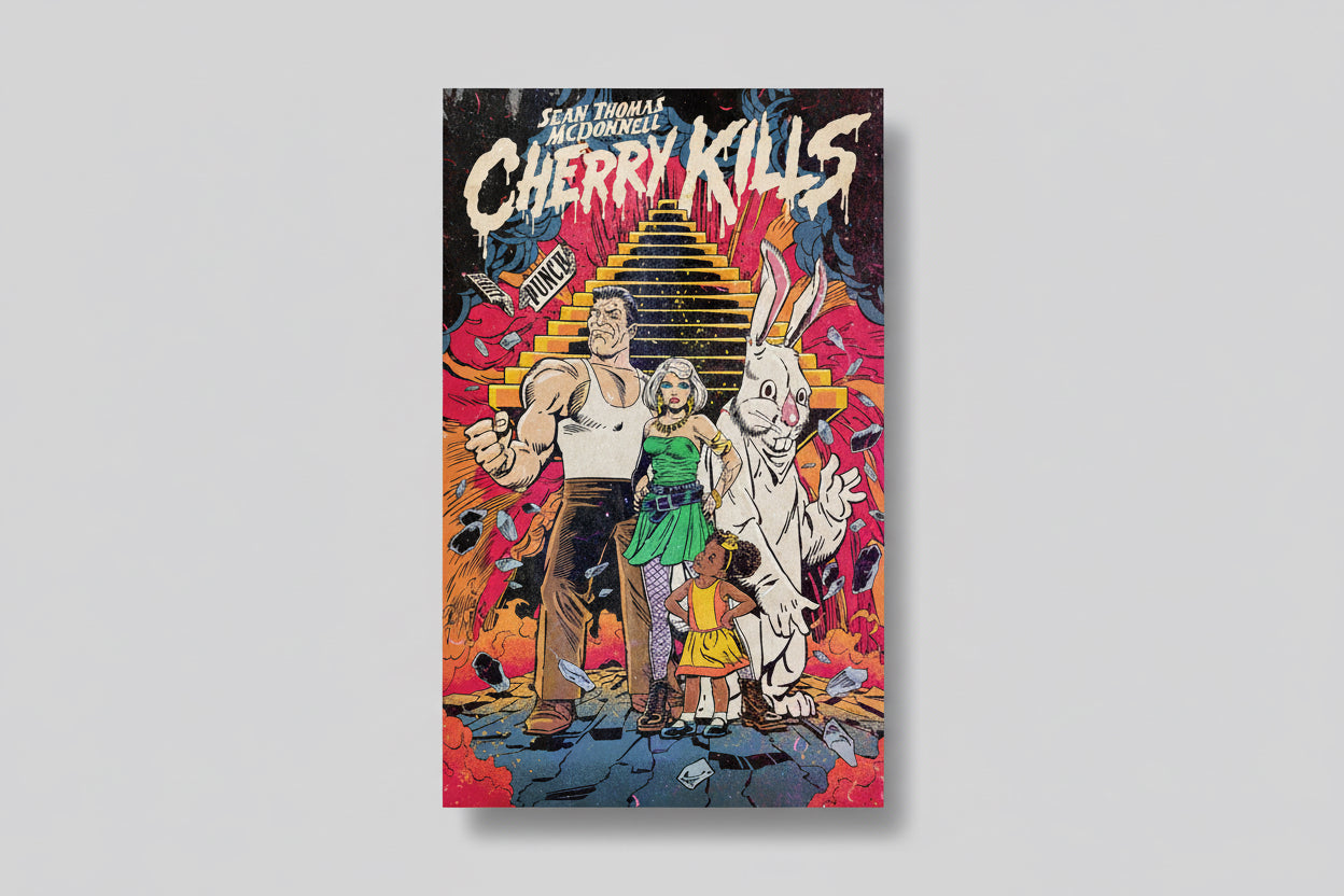 Comic book cover titled 'Cherry Kills' with colorful illustration on a gray background from Tiny Worlds Publishing.