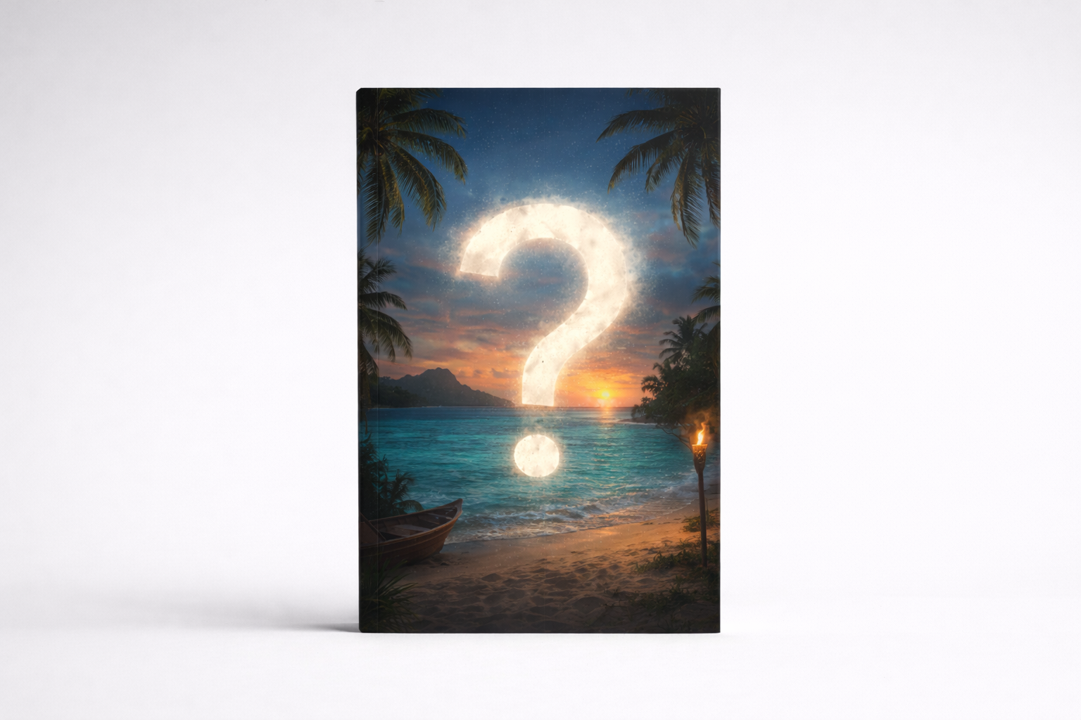Book covert of a tropical sunset scene with a question mark symbol.