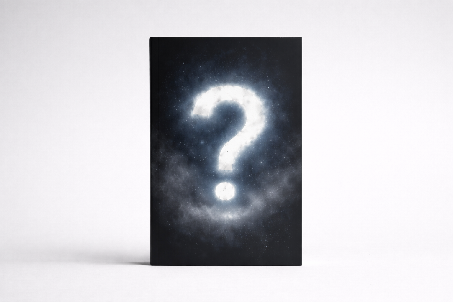 Book with a glowing question mark on a black cover against a white background