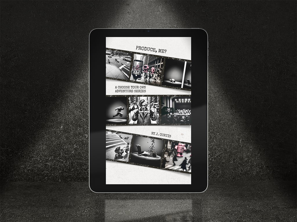 Digital tablet displaying an ebook cover for "Produce, Me?" by J. Curtis, black and white collage of images on a dark textured background