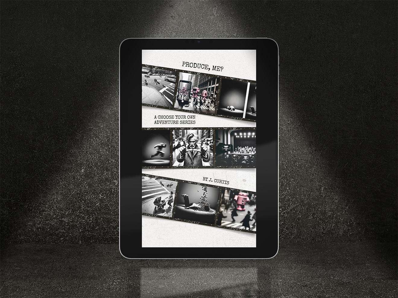 Digital tablet displaying an ebook cover for "Produce, Me?" by J. Curtis, black and white collage of images on a dark textured background