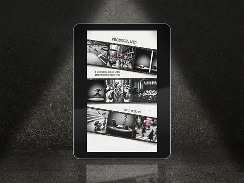 Digital tablet displaying an ebook cover for "Produce, Me?" by J. Curtis, black and white collage of images on a dark textured background