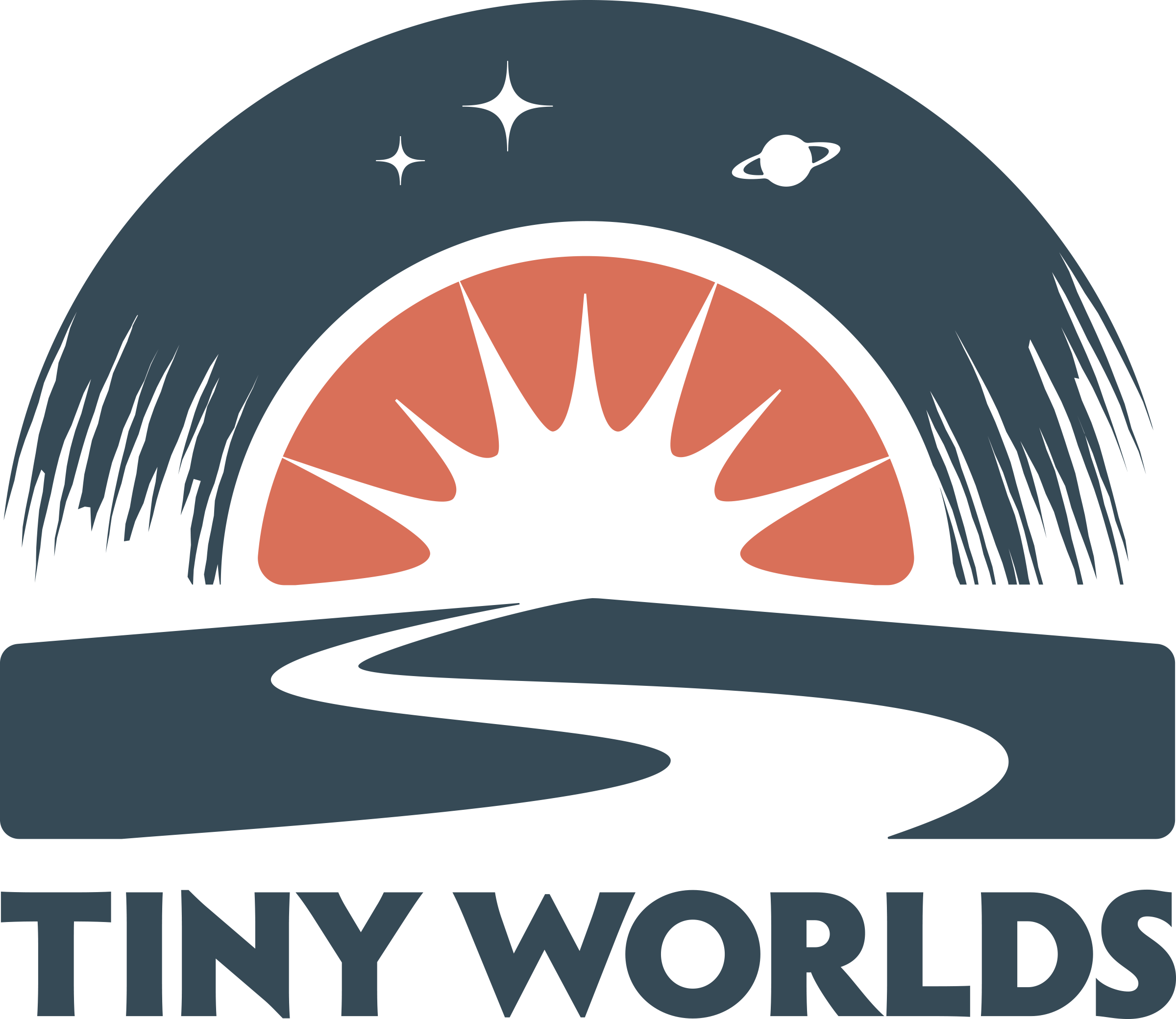 Graphic of a winding road to a sunrise with text 'Tiny Worlds' below.