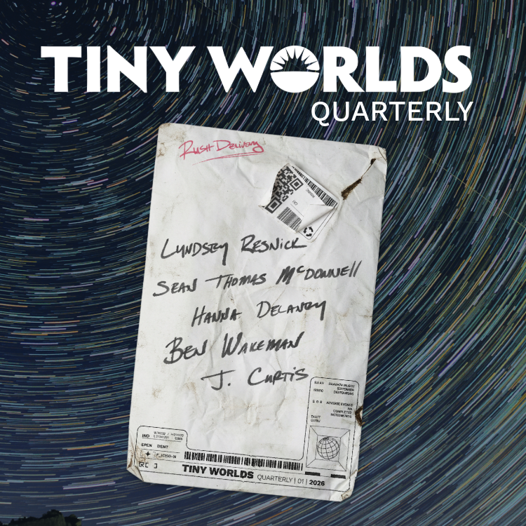 Package with handwritten names on a starry night sky background, featuring 'Tiny Worlds Quarterly'.