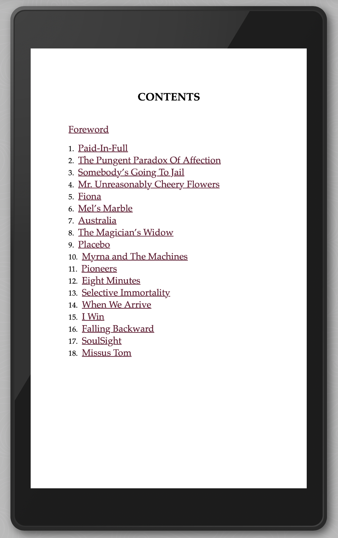 Tablet displaying a book table of contents on a white background