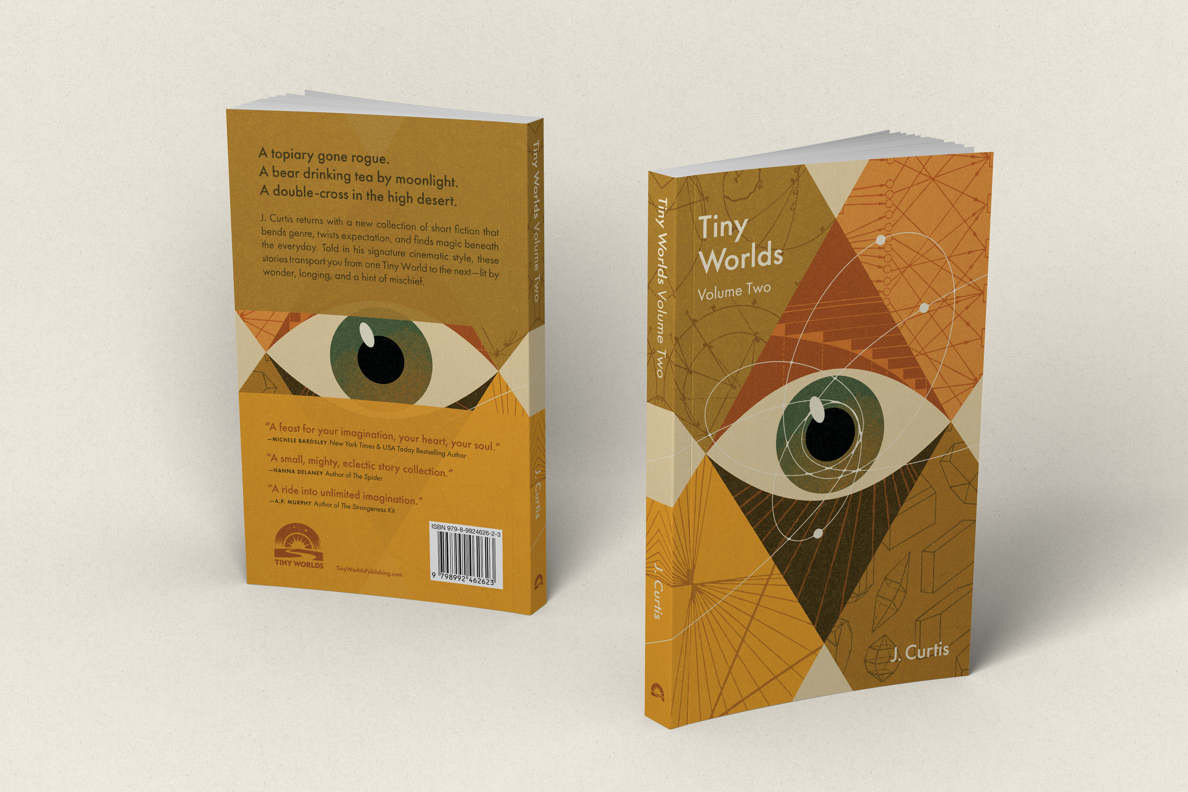 Two books titled 'Tiny Worlds' with eye design on the cover against a beige background