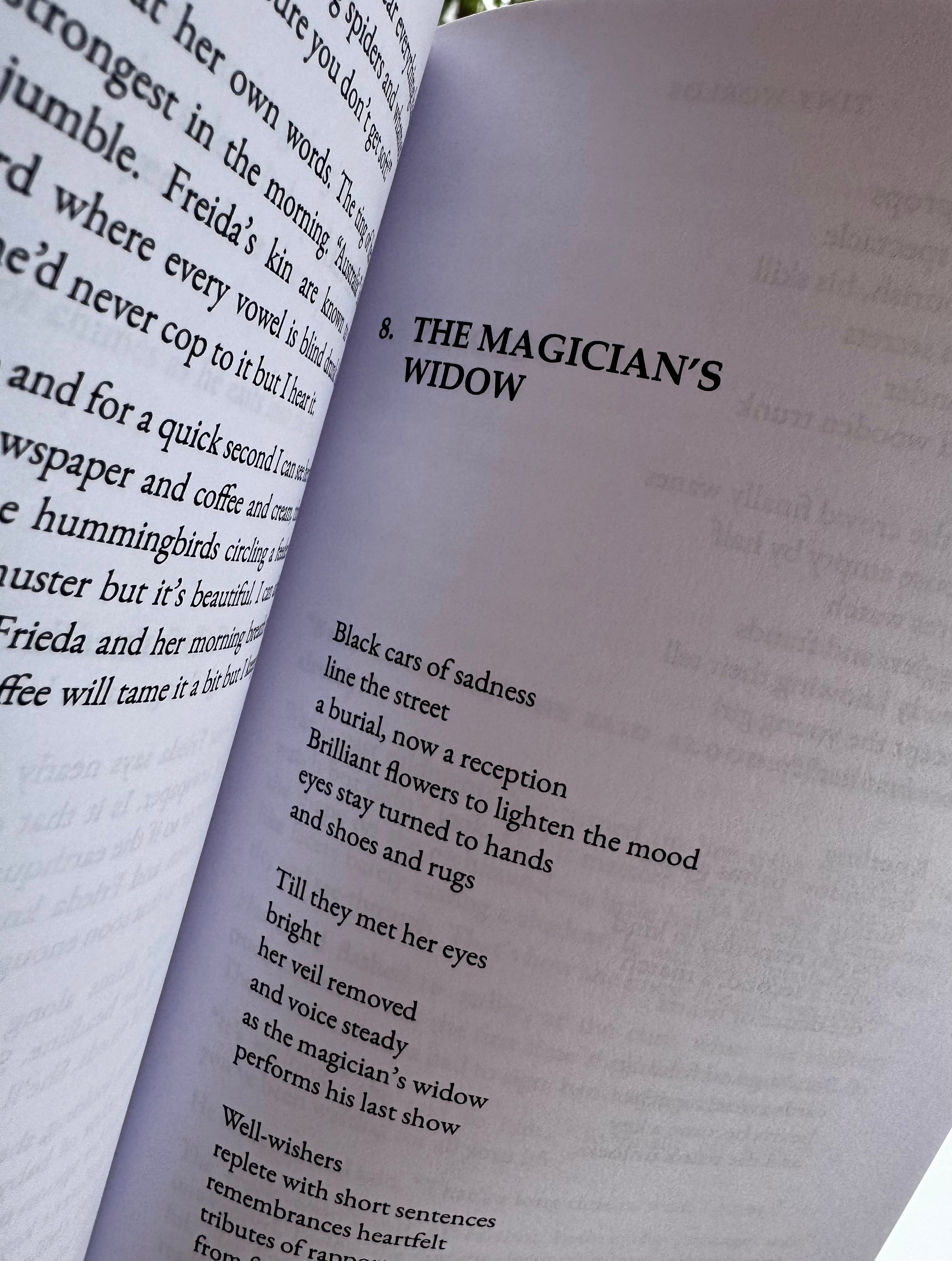 Open book with a page titled 'The Magician's Widow' on a white background