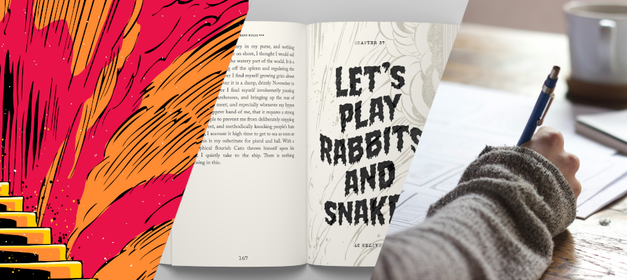 Tiny Worlds editorial frame, an open book with text 'Let's Play Rabbits and Snakes' next to a colorful abstract design, with a hand holding a pen.