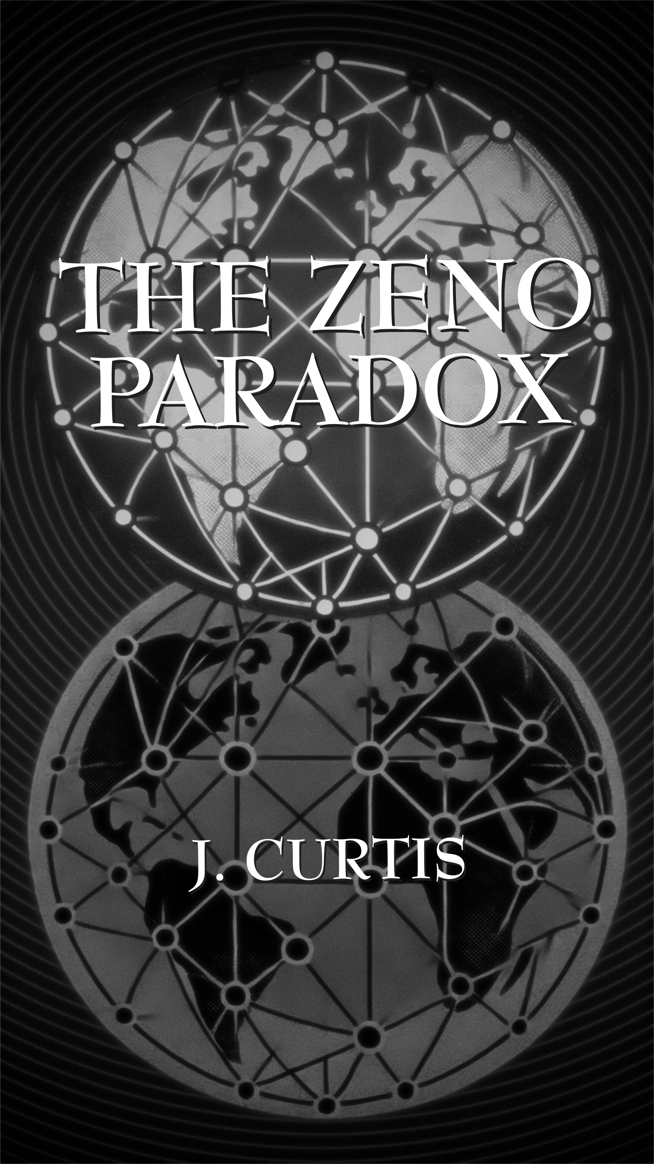 Book cover of 'The Zeno Paradox' by J. Curtis with world map design.