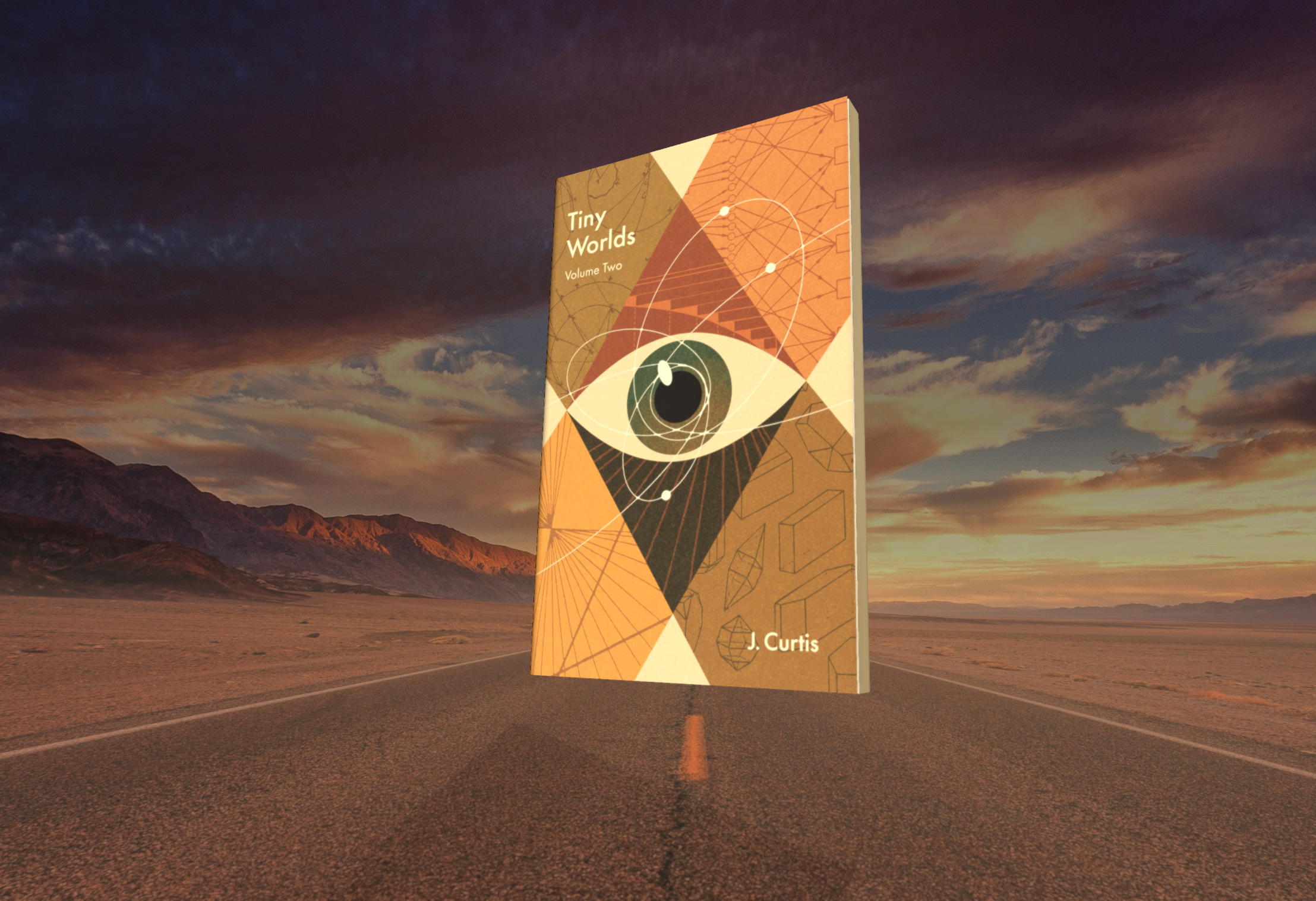 Book titled 'Tiny Worlds' by J. Curtis on a desert road with a dramatic sky.
