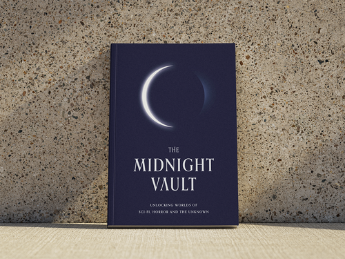 Paperback book titled 'The Midnight Vault' from Tiny Worlds Publishing with a crescent moon design on a textured surface.